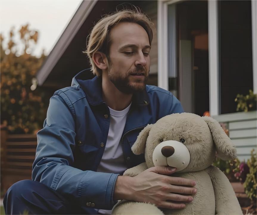 Young adult hugging a plush bear